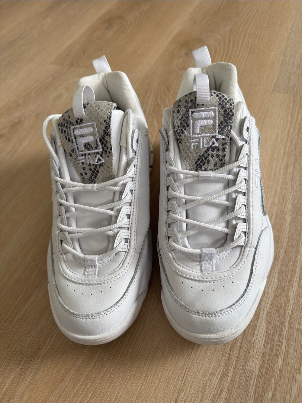 FILA White Chunky Sneakers with Gray Snake-Print Tongue